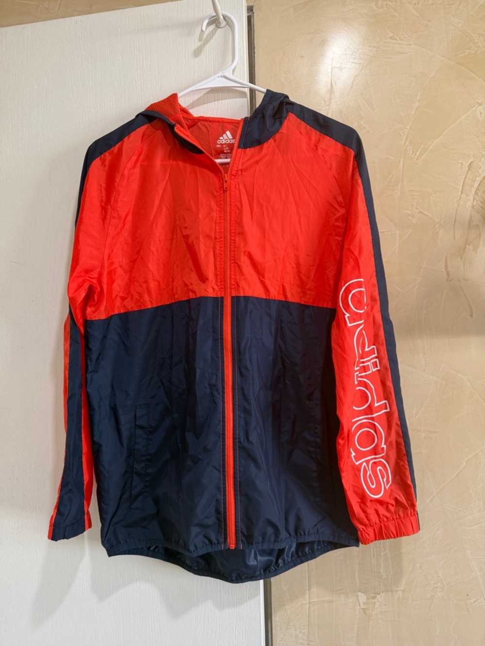 adidas Orange and Navy Colorblock Hooded Windbreaker Jacket